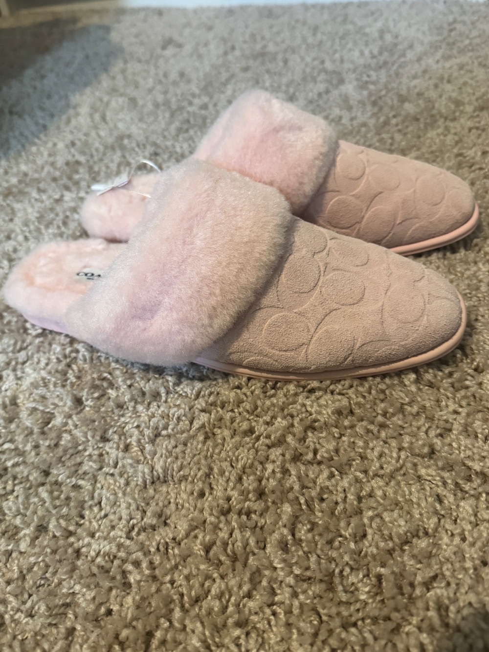 Coach Women's Light Pink Quilted Faux-Fur Slip-On Slippers